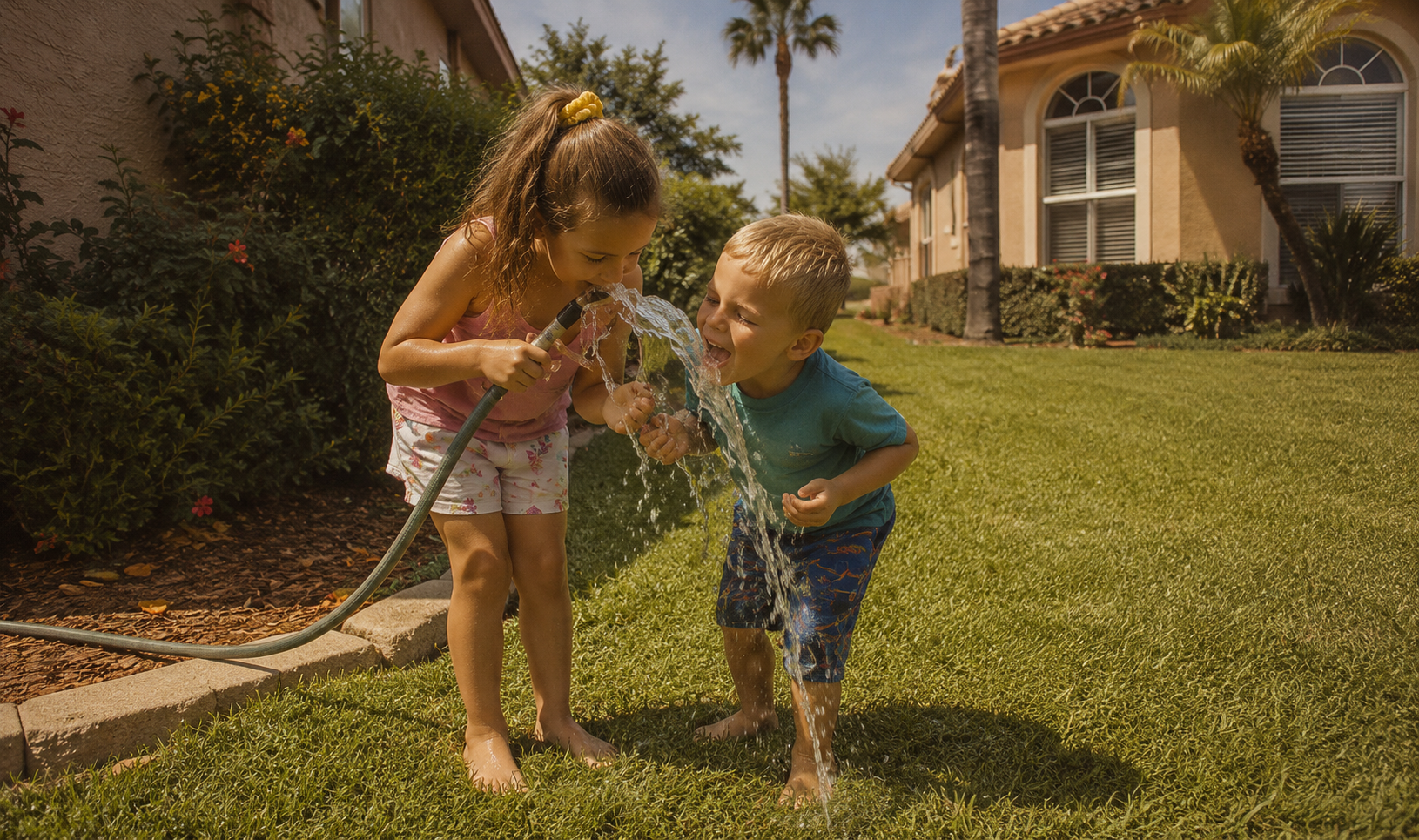 Young children playfully drinking water from a green garden hose in a sunny backyard lawn next to a home, illustrating safe outdoor drinking water.