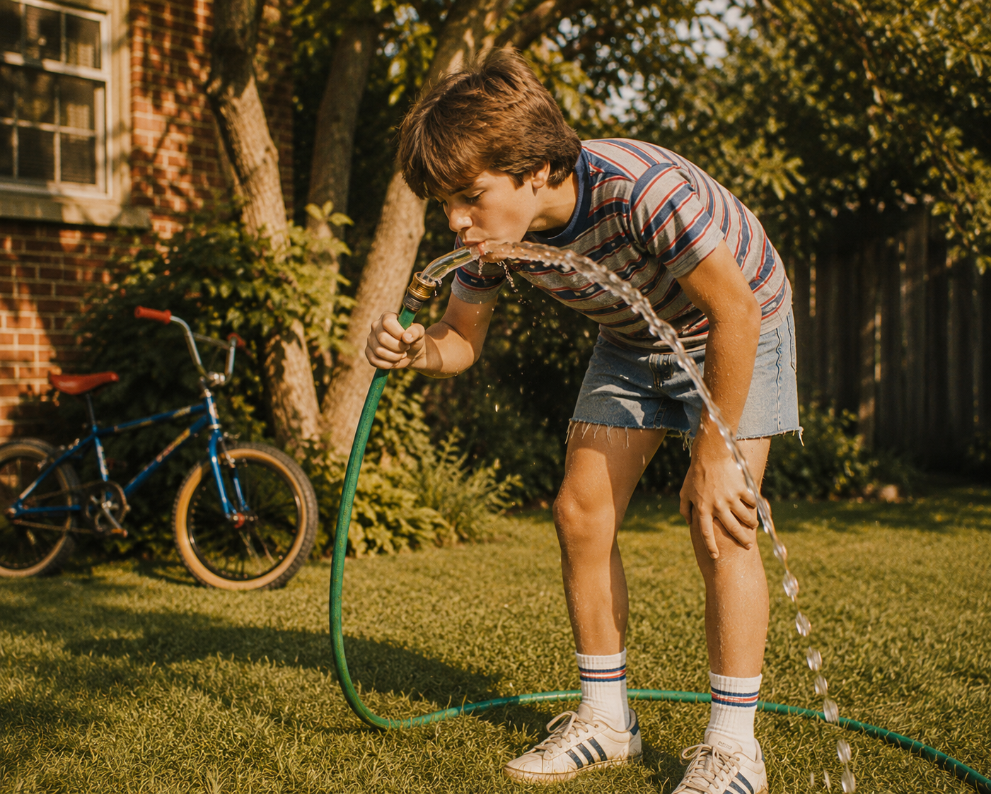 Child drinking from a garden hose in a backyard