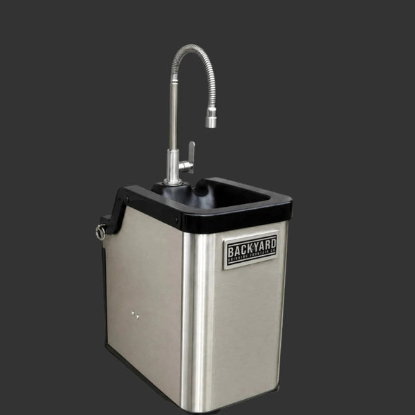 A stainless steel outdoor sink with a flexible gooseneck faucet, set against a dark gray background. FountainOne Flow™ wall-mounted outdoor gooseneck faucet sink for your home — Backyard Drinking Fountain Co