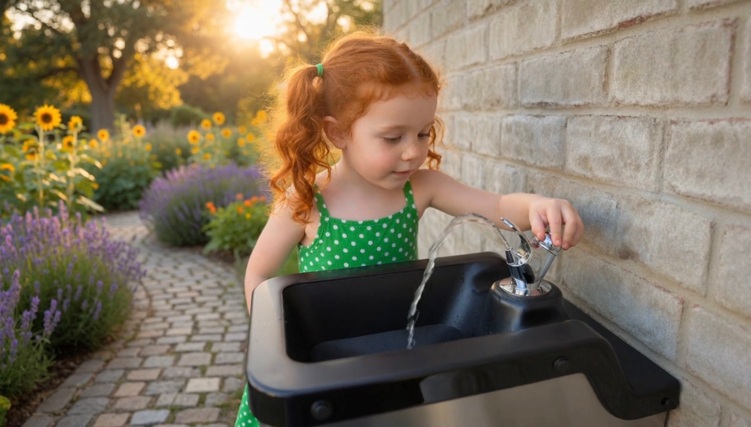 A young girl with red hair in a green polka-dot dress stands next to a black outdoor water fountain, turning on the water. The scene is set outdoors in a sunny garden with a stone wall background.