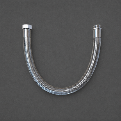 A curved stainless steel braided hose with hexagonal and threaded metal connectors on both ends, shown against a dark gray background.