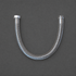 A curved stainless steel braided hose with hexagonal and threaded metal connectors on both ends, shown against a dark gray background.