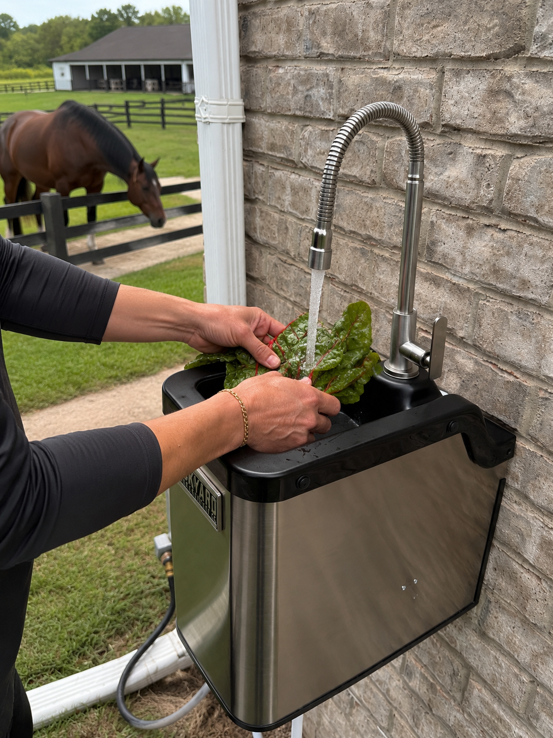 A close-up view of a person washing fresh Swiss chard greens under the running faucet of a stainless steel Backyard Drinking Fountain mounted on a brick wall, with a horse grazing in the background.