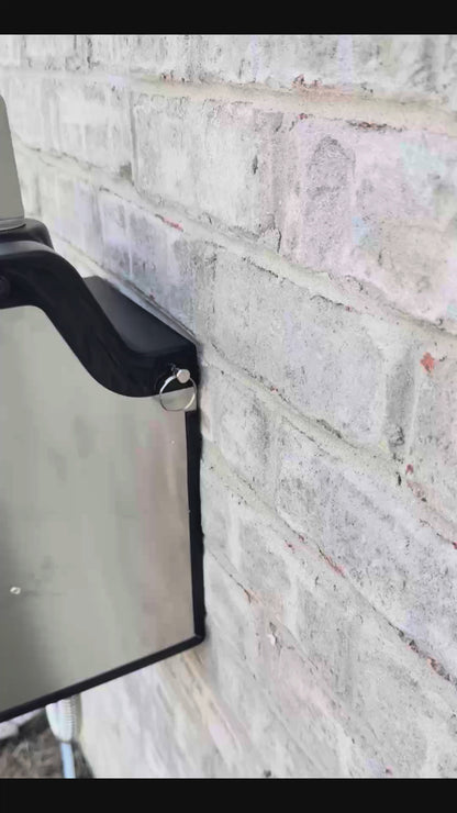 180° product view of the FountainOne Flow™ wall-mounted outdoor fountain with close-up of gooseneck faucet attachment — Backyard Drinking Fountain Co.