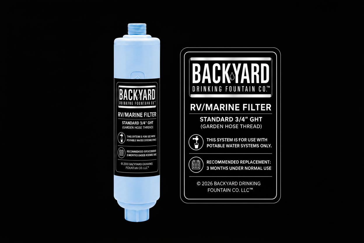 A product graphic showing a light blue standard inline RV and Marine water filter with a 3/4 inch garden hose thread connection, highlighting clean filtration for potable water systems.