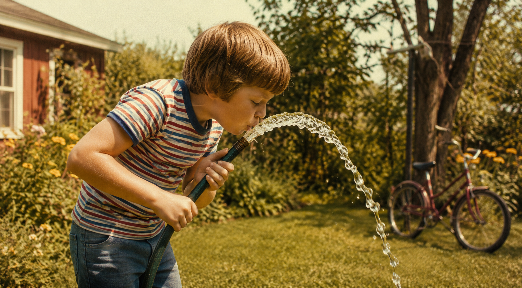 Young children playfully drinking water from a green garden hose in a sunny backyard lawn next to a home, illustrating safe outdoor drinking water.