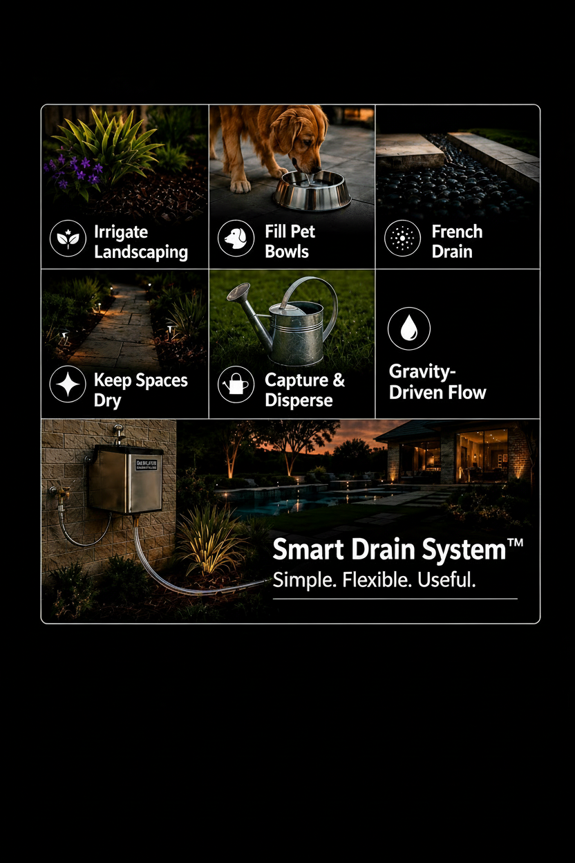 An informational feature grid illustrating the SmartDrain System for an outdoor fountain, showcasing water conservation use cases including irrigating landscaping, filling pet bowls, routing to a French drain, and utilizing gravity-driven flow.