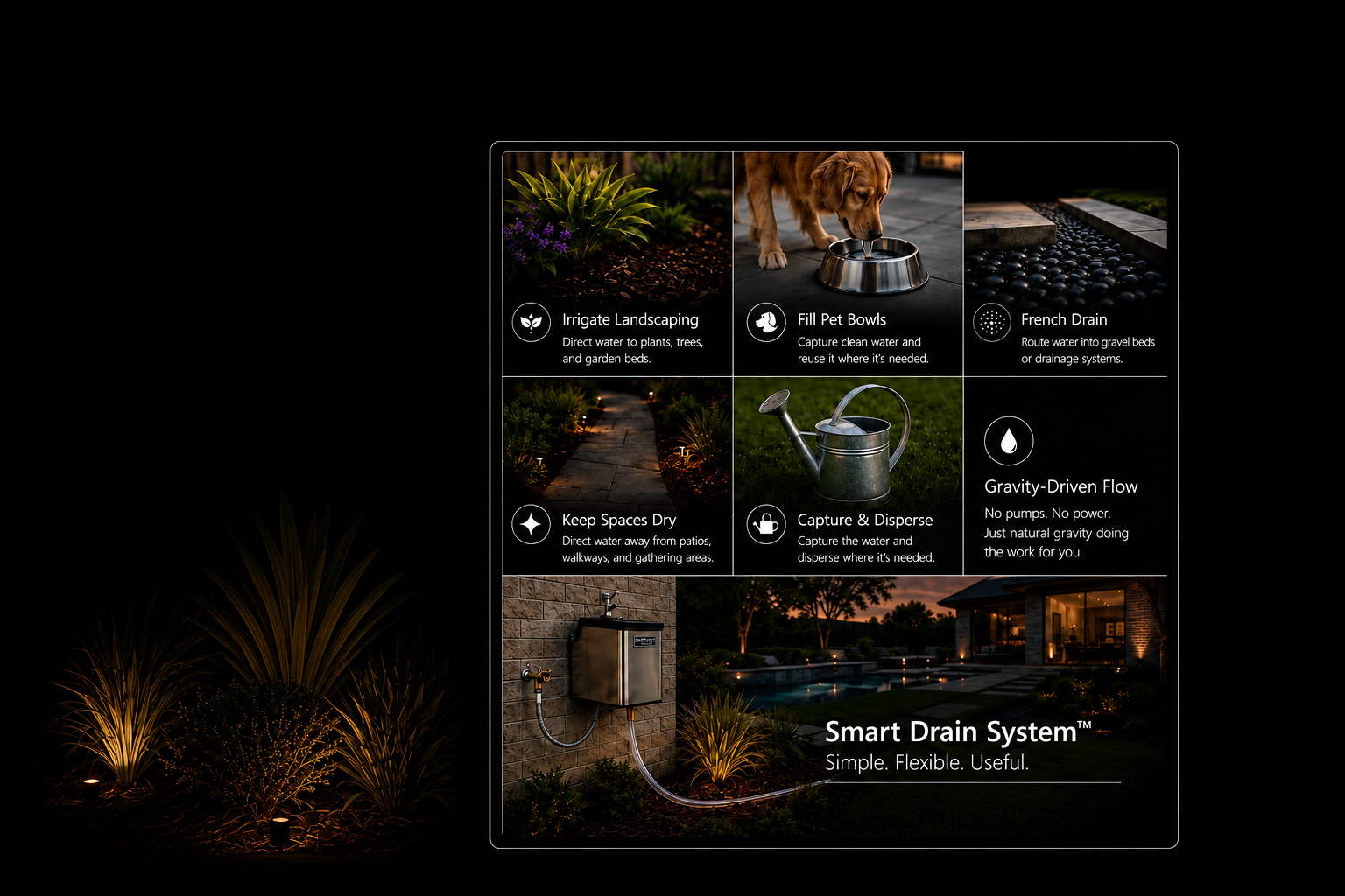 An informational feature grid illustrating the SmartDrain System for an outdoor fountain, showcasing water conservation use cases including irrigating landscaping, filling pet bowls, routing to a French drain, and utilizing gravity-driven flow.